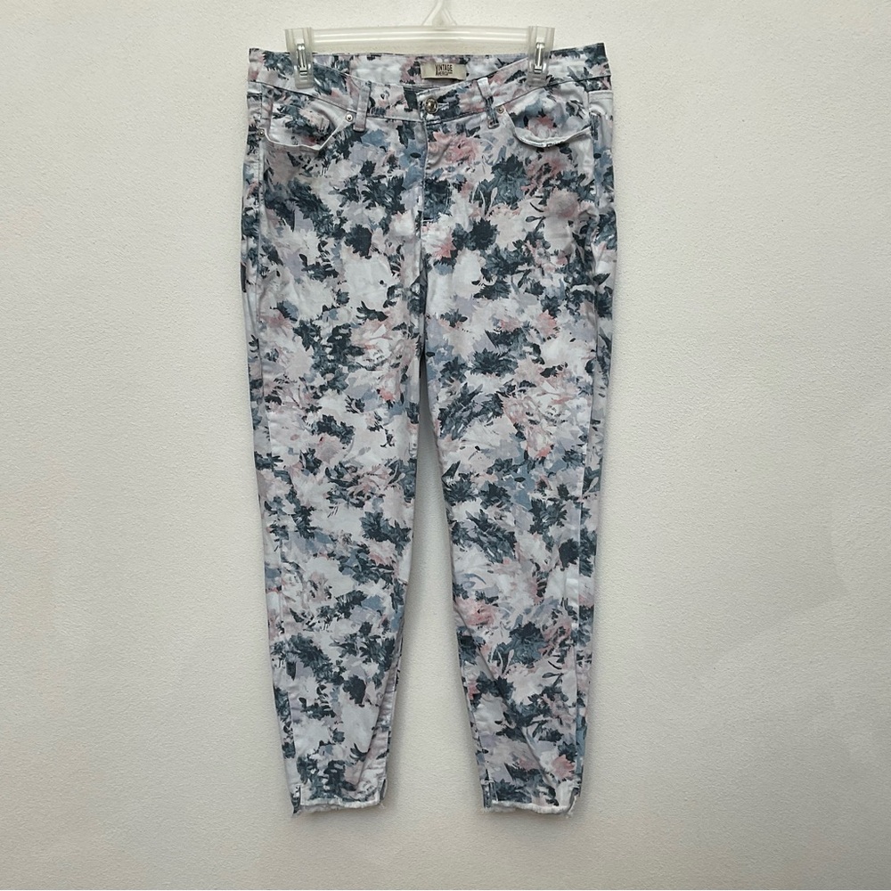Vintage America Blues Boho Skinny Ankle Pink, Blue Floral Print Jeans Size 10/30